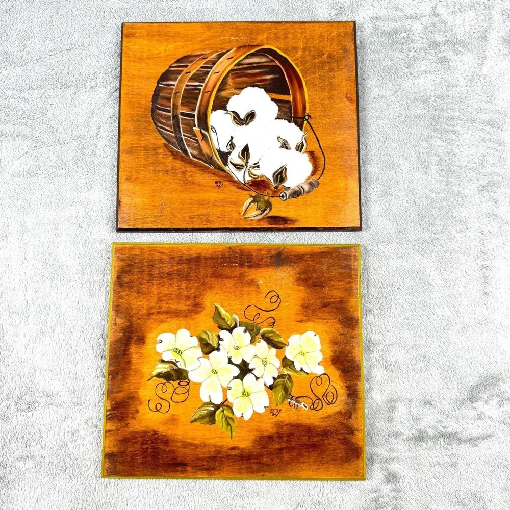 Vintage Hand Painted Wood Wall Plaquesโ Cotton Flowers Signed Betty Set of 2